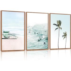 CHDITB Coastal Palm Tree Framed Wall Art, Seaside Beach Surfing Posters, 24"L x 36"W