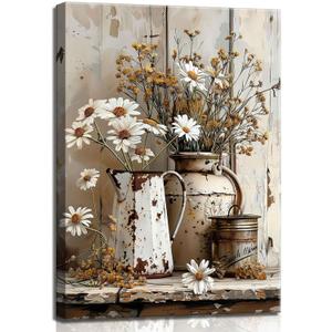 1Pcs Framed Rustic Farmhouse Floral Daisy Canvas Wall Art Vintage Country Flower Pictures Wall Decor Wood Grain Paintings Posters Prints Bathroom Bedroom LivingRoom Rustic Decor Artwork 12X16in