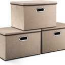 PRANDOM Large Collapsible Storage Bins with Lids [3-Pack] Jute Fabric Foldable Storage Boxes Organizer Containers Baskets Cube with Cover for Home Bedroom Closet Office Nursery (17.7x11.8x11.8) (Khaki)