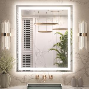 Keonjinn 30 x 36 Inch LED Bathroom Mirror with Lights, Vanity Mirror with Frontlit & Backlit, Dimmable 3-Color Temperature, Lighted Mirror with Anti-Fog, Tempered Glass(Horizontal/Vertical)