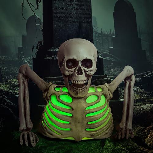 Presence Halloween Skeleton Decorations with Different Light Colors, Skull Lamp for Halloween Decor, Groundbreaker Skull Stakes Lights Scary Indoor Outdoor Lighted Holiday Party Yard Home Decor