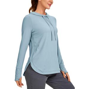 CRZ YOGA Workout Long Sleeve Shirt for Women Hoodie Pullover Athletic Hooded Sweatshirts Sports Gym Tops with Thumbhole (Small, Light Grayish Blue)