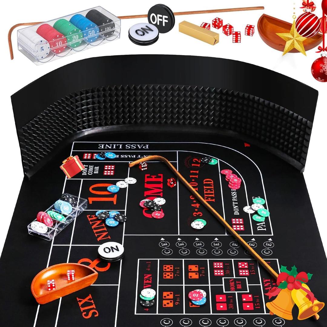 Craps Tabletop Game Set with 35 * 70" Rubber Craps Tabletop Mat, 48 * 11" Rubber Craps Diamond Pyramid Bumper, 36" Rattan Stick, Casino Grade 19mm Dice, On/Off Button & 100 pcs Chips (Black)