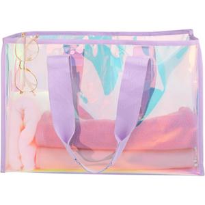 Motomy Iridescent Beach Bag for Women, 26L Clear Tote Bag, Summer Waterproof Sandproof Holographic Bag for Gyms, Pools, Beaches and Travel Large Jelly Tote Bag for Phone, Cosmetics, Clothes