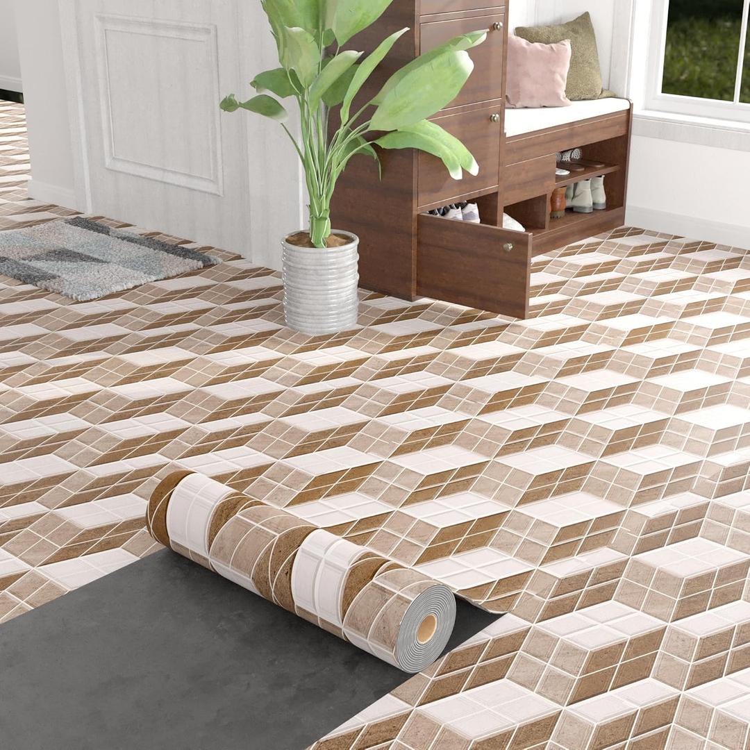 Oxdigi Vinyl Flooring Roll 64 sq.ft | 24"W x 396"L, 3D Geometric Floor Tile Peel and Stick Waterproof for Bathroom, Kitchen, RV, Easy to Install DIY Heavy-Duty Vinyl Floor Covering, Bronze Cube Tile