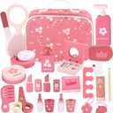 GAGAKU Wooden Makeup for Girls Ages 3-6, Wood Makeup Toy Set Toddler Make up Play Set Kit Pretend Play for Kids (02 Rose Pink)