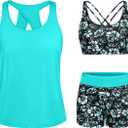 Tempt Me 3 Piece Tankini Swimsuits for Women Athletic Bathing Suits Swim Tank Top with Boy Shorts and Bra Modest Swimwear (X-Large, Aqua Blue Floral)