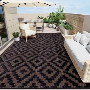 OLANLY Waterproof Outdoor Rug 10x14 ft, Outdoor Plastic Straw Rug for Camping, RV Mat Outside, Outdoor Carpet for Porch, Deck, Backyard, Balcony, Picnic, Black & Brown