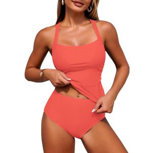 ZAFUL Women's Tankini Swimsuits Tummy Control Swimwear Two Piece Bathing Suits Swim Top with High Waisted Bottom (Pink, XL)