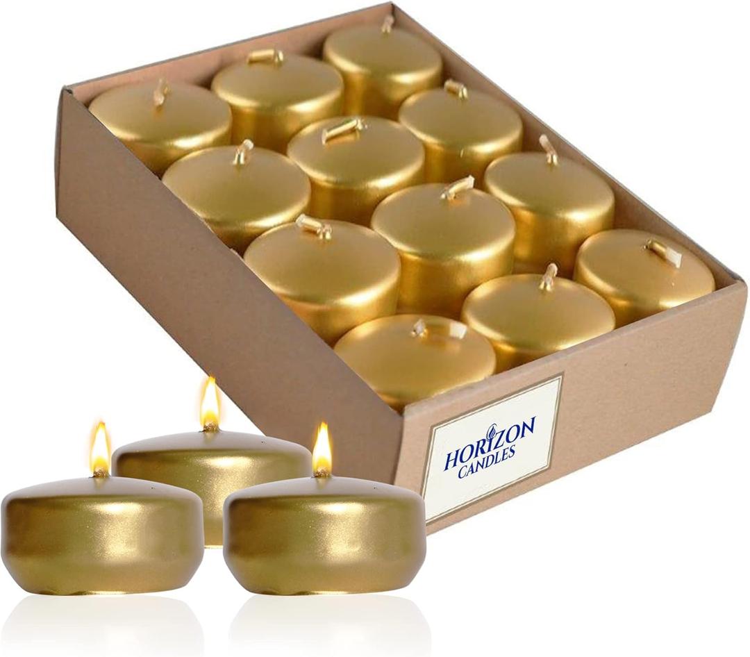 Horizon - Unscented 24 Piece Floating Candles for Parties | 2" Dripless and Smokeless Floating Candles with 5 Hours Burning Time for Centerpieces at Wedding, Pool, Home Decor | Metallic Gold
