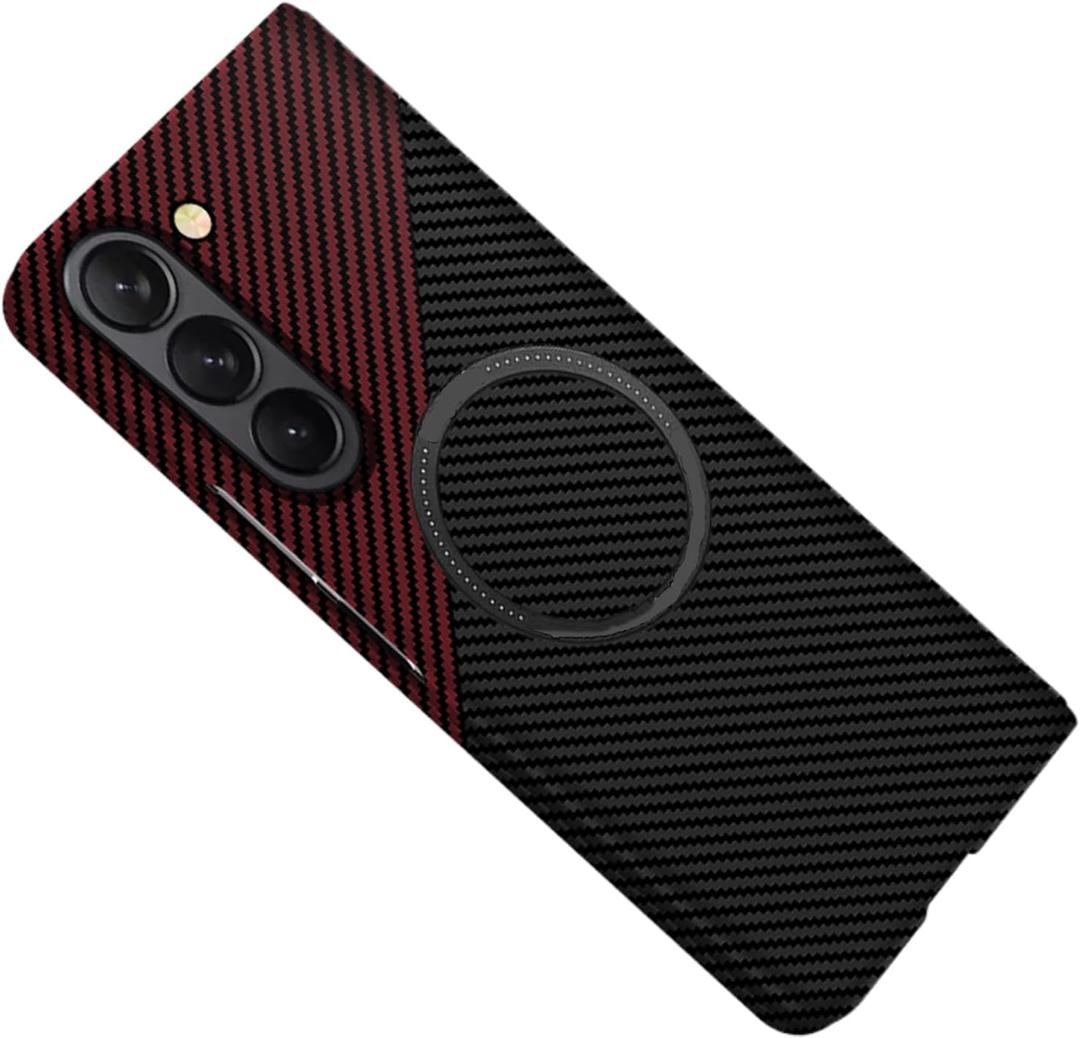 Magnetic Case for Samsung Galaxy Z Fold 6 5G Case Compatible with MagSafe Charger Carbon Fiber Twill Slim Ultra Anti-Scratch Shockproof Cover, Black&Red