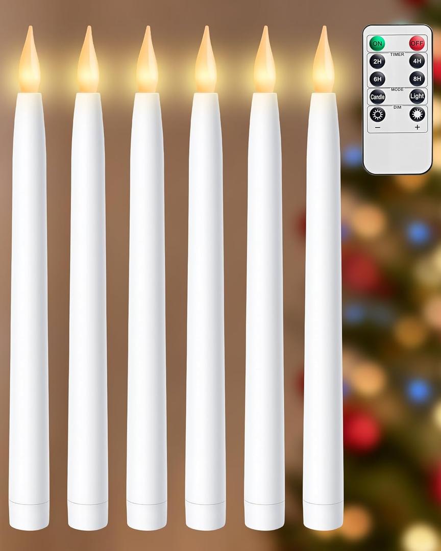 otnofok 10.5" Flameless Taper Candles, 6 Pack Battery Operated Plastic LED Candlesticks with Remote, 3D Flickering Flame for Wedding, Christmas Decor, White (Rechargeable Batteries Not Compatible) (Remote Control-3000K)