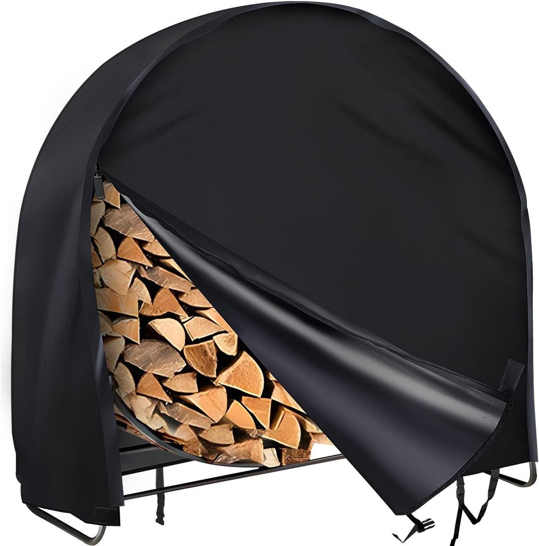 Firewood Log Rack Cover, Outdoor Waterproof Log Hoop Cover, Windproof Dry Wood Pile Holder Storage Tarp Heavy Duty UV Resistant Sun Snow Rain Durable PVC Backing Protector fit 4 Seasons Black