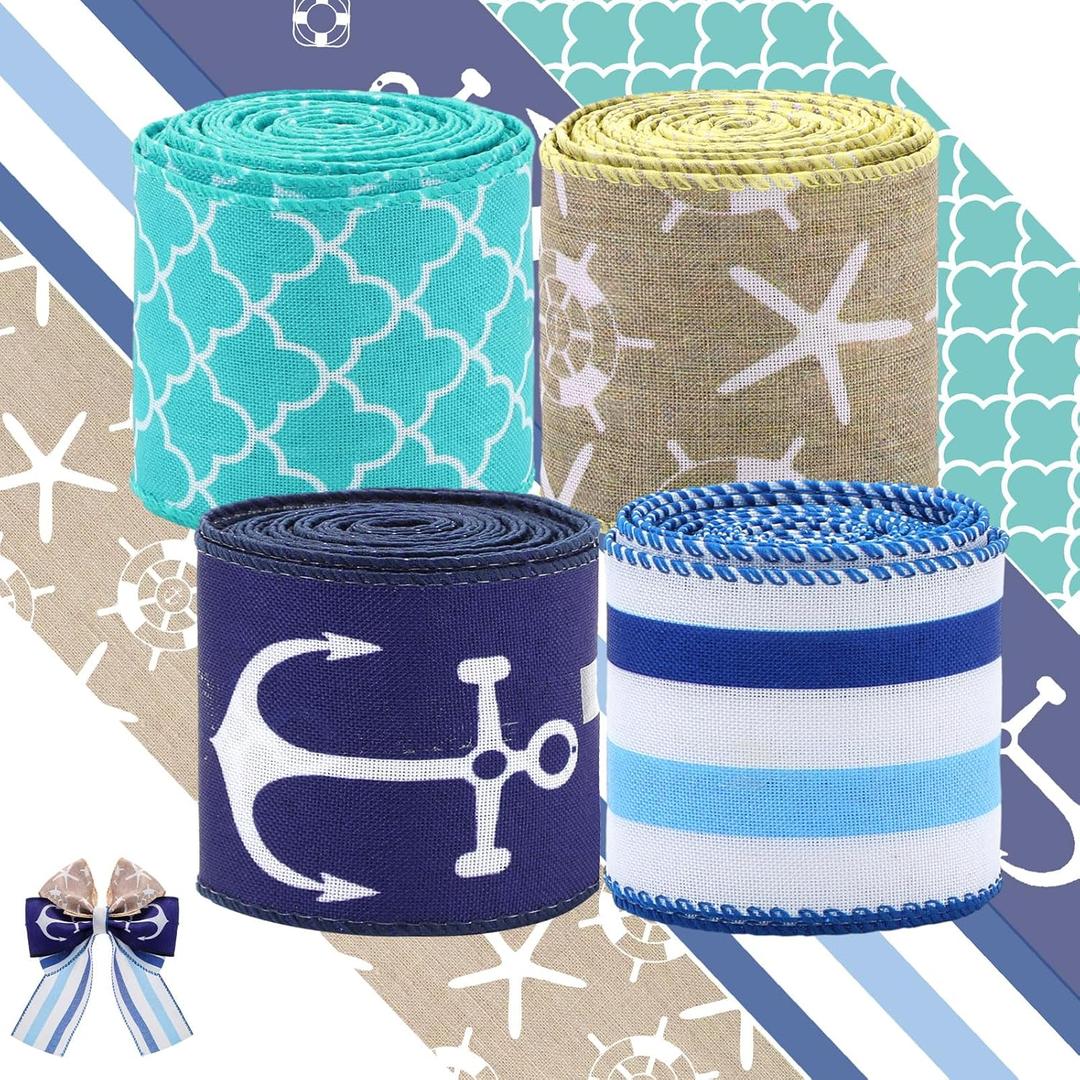 Ceenna 4 Rolls of 20 Yards Coastal Summer Beach Ribbon Decoration 2.5 Inch Wide Wired Ribbon Beachy Coastal Decor for DIY Craft Wreath Bow Party Home(Nautical)
