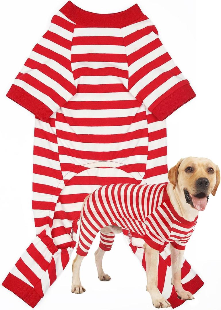 Dog Christmas Pajamas for Large Dogs, Cotton Thermal Dog Pjs Jumpsuit with Cover Legs Christmas Puppy Clothes, Striped Onesie Suit for Small Medium Large Dogs (XXX-Large, Redwhite)