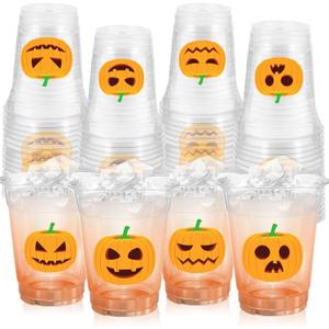 ABURRORI 50 Pcs 12OZ Halloween Plastic Cups,Halloween Party Decorations Cups Clear Orange Pumpkin Printing Cup Juice Soda Beverage Birthday Party Favors For Themed Birthdays Supplies