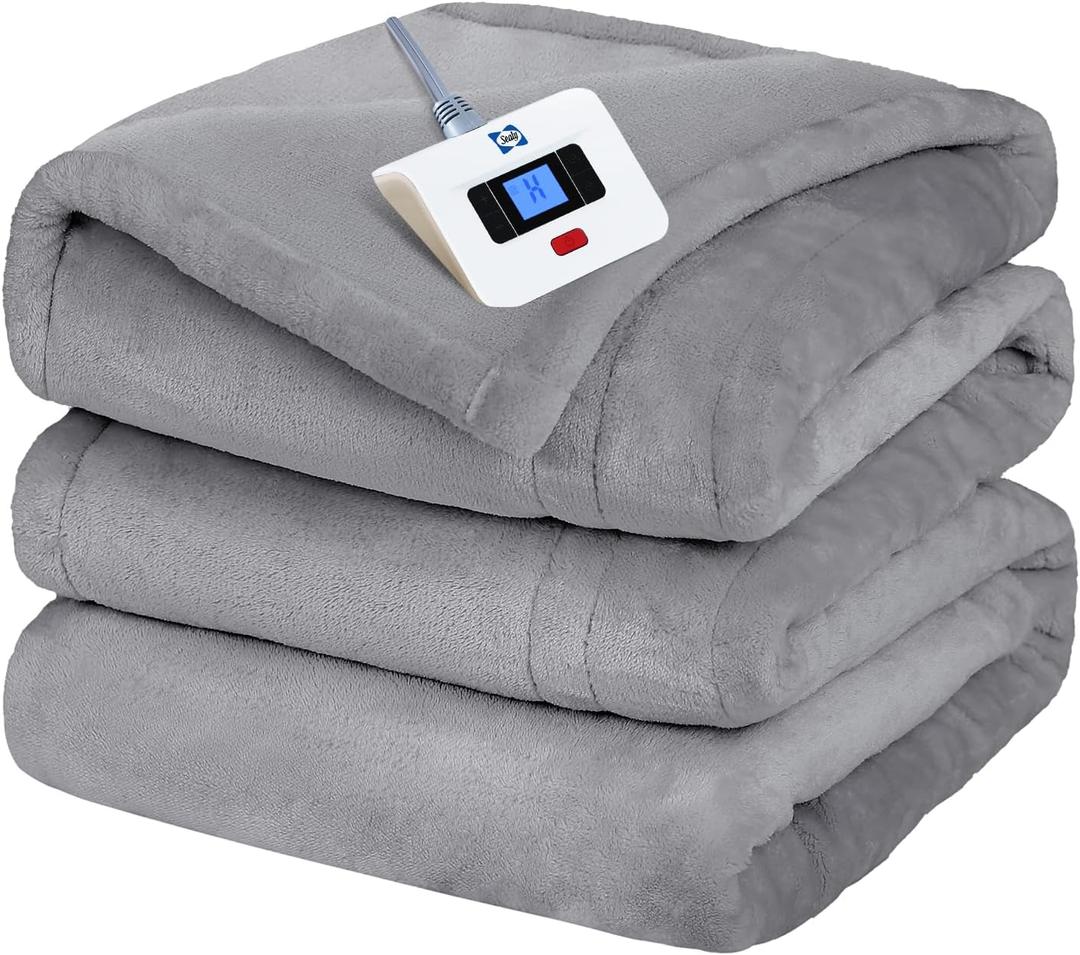 Sealy Electric Blanket Full Size, Flannel Heated Blanket with 10 Heating Levels & 1-12 Hours Auto Shut Off, Machine Washable, Light Grey, 80 x 84 Inch