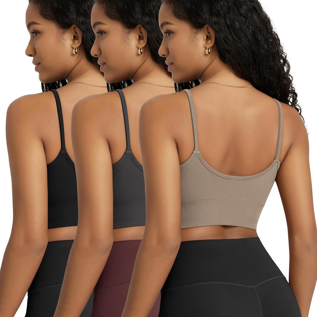 ODODOS 3-Pack Seamless Sports Bra for Women Ribbed Camisoles Non Padding Yoga Bra Crop Tank Tops, Taupe+Black+Charcoal, Large (L)