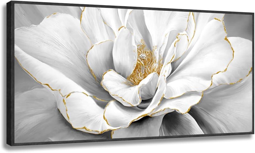 Woxfcart Framed Peony Floral Wall Art, Black and White Dahlias Flower With Gold Accents Print Canvas Artwork for Gray Living Room Bedroom Office Decor, 20 x 40 Inch