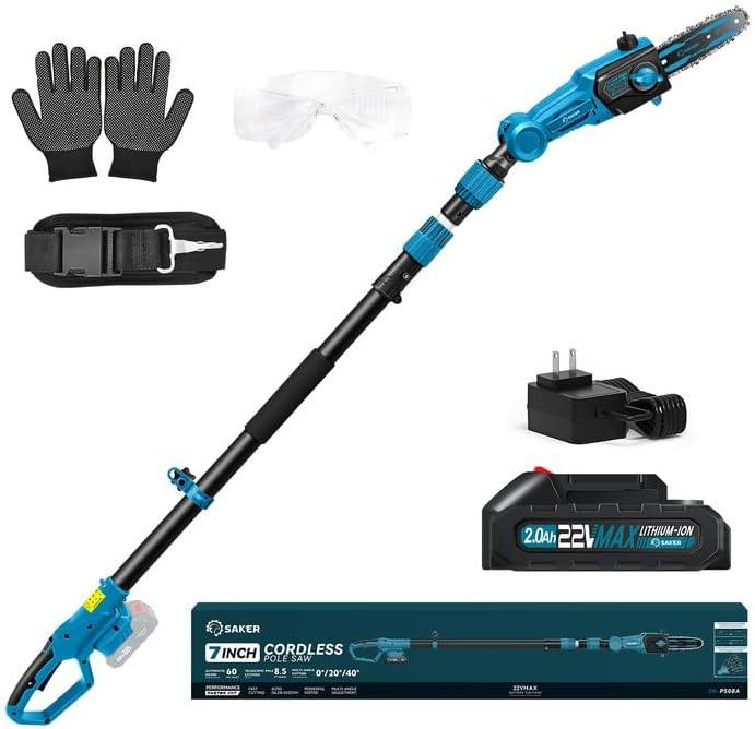 Saker Pole Saw for Tree Trimming,Retractable Extension Pole 66.9-98.4Inch Electric Pole Saw, Multi-Angle Cordless Pole Chainsaw Battery Powered with 22V 2.0Ah Battery & Charger