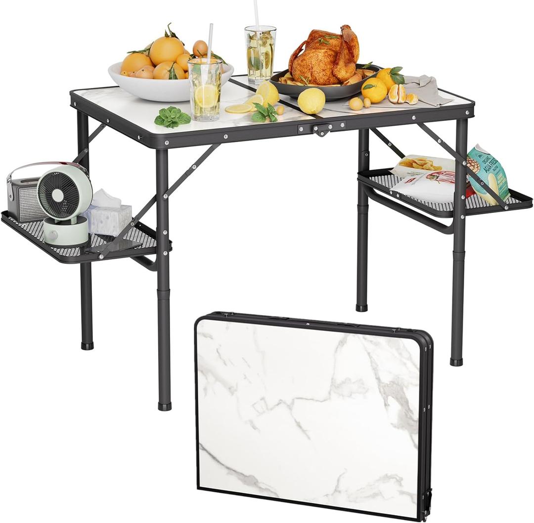 Titanker Folding Camping Table 3ft, Folding Picnic Table, Camp Tables Portable, 50% Extra Side Space, Outdoor Patio Table, RV/Car Camping Essentials, Aluminum Light & Solid (Large 35.4"L x 23.6"W x 27.9"H, White Marble Top & Black Frame)