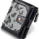 Women Leather Wallet RFID Blocking Small Bifold Zipper Pocket Wallet Card Case Purse with ID Window, Black Butterflies