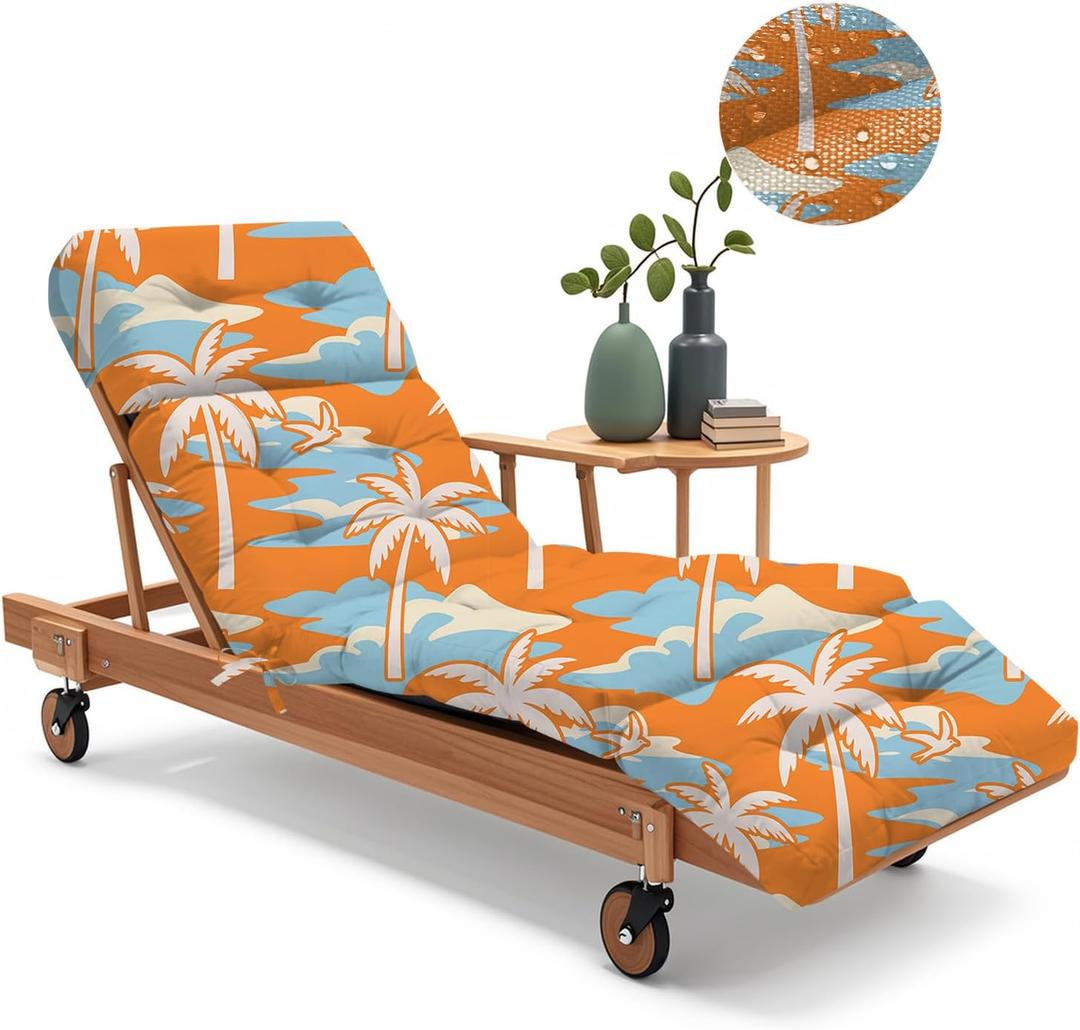 Outdoor Chaise Lounge Chair Cushion 75.1 x 22.8 x 4.7 Inches 100% Waterproof Replacement Cotton Patio Pool Lounge Chair Cushion for Outdoor Furniture with Ties, Orange Coconut Tree, 1 Pack