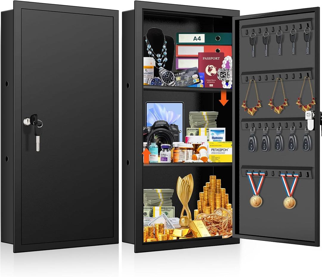 25.6" Tall Wall Safes Between the Studs, Lockable Hidden Safe Box with Hooks for Keys Jewellery, In Wall Safe for Money Medicines Valuables, Black