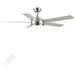 YUHAO 52 Inch Brushed Nickel Ceiling Fan with Light and Remote Control.Noiseless,Dimmable,3CCT,6 Speeds Reversible, DC Ceiling Fans for Indoor or Covered Outdoor Use.ETL Listed