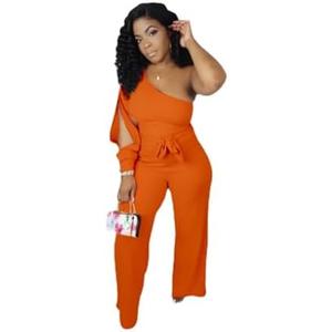 fiocko Women's Sexy One Shoulder Slit Sleeve High Waist One Piece Pant Outfit Wide Leg Jumpsuit Romper Medium