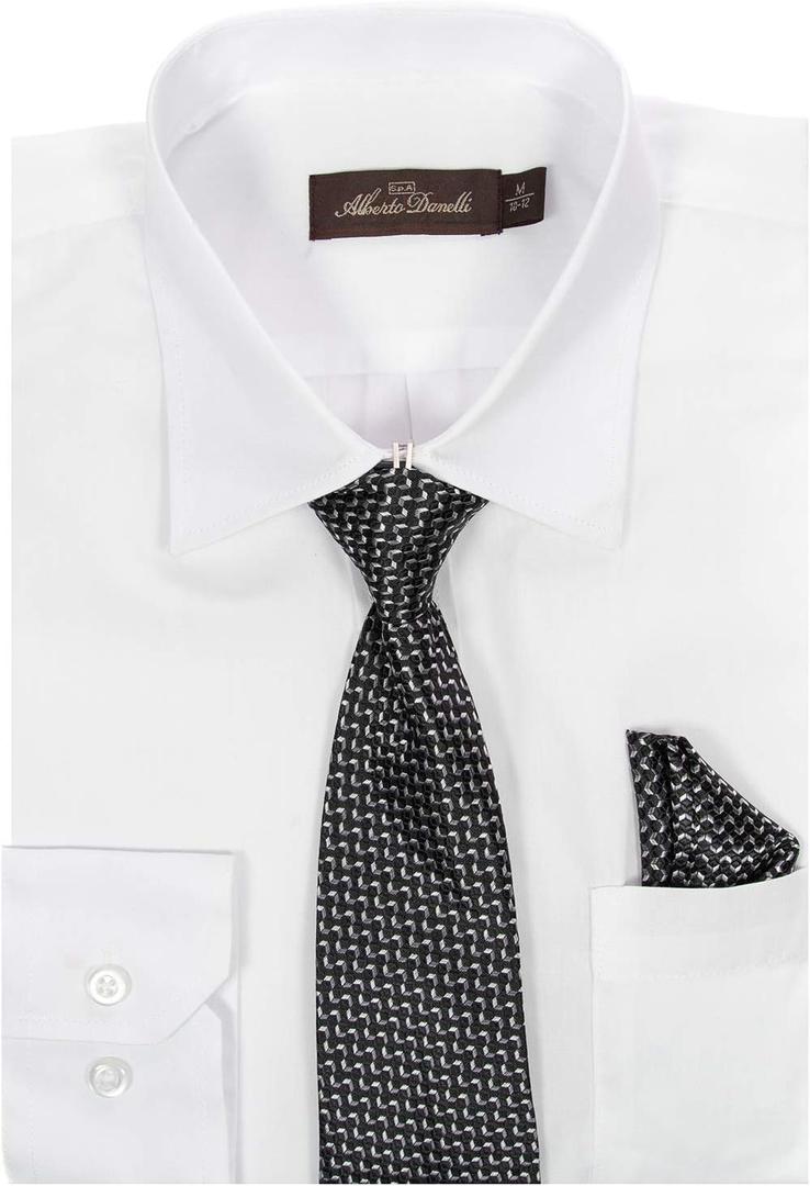 Alberto Danelli Boys Dress Shirt with Matching Tie and Handkerchief, Long Sleeve Button Down, Pocket (White, M)