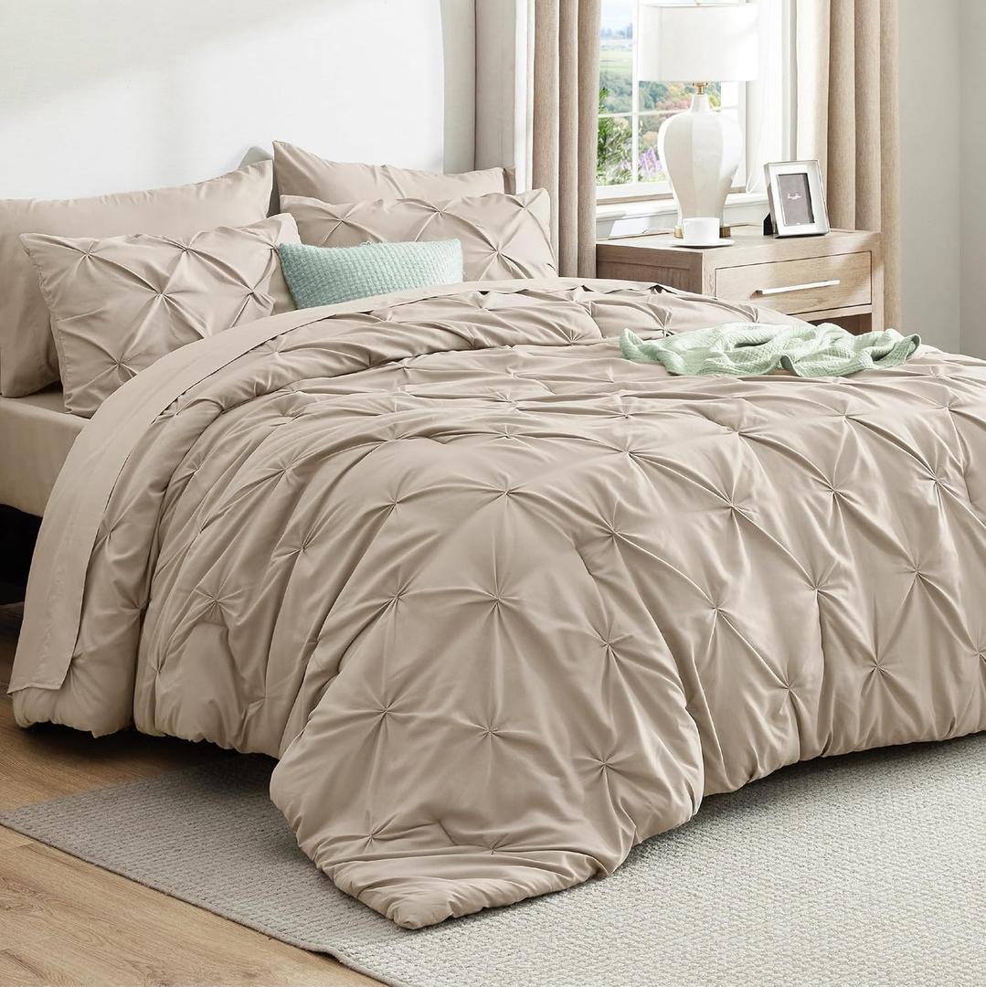 Bedsure Oversized King Comforter Set Beige - Bed in a Bag Bedding Set 7 Pieces, GentleSoft Pintuck Bed Set Gift for Family, Pinch Pleat Beige Comforter with Sheets, Pillowcases & Shams