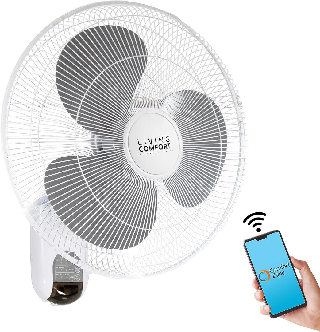 Comfort Zone Oscillating Wall Mount Fan with Adjustable Vertical Tilt, 16 inch, 3 Speed, Metal Grille, 90 Degree Oscillation, 3 Modes: Normal, Pulse, and Sleep, 4H Timer, & Wi-Fi App Control, White