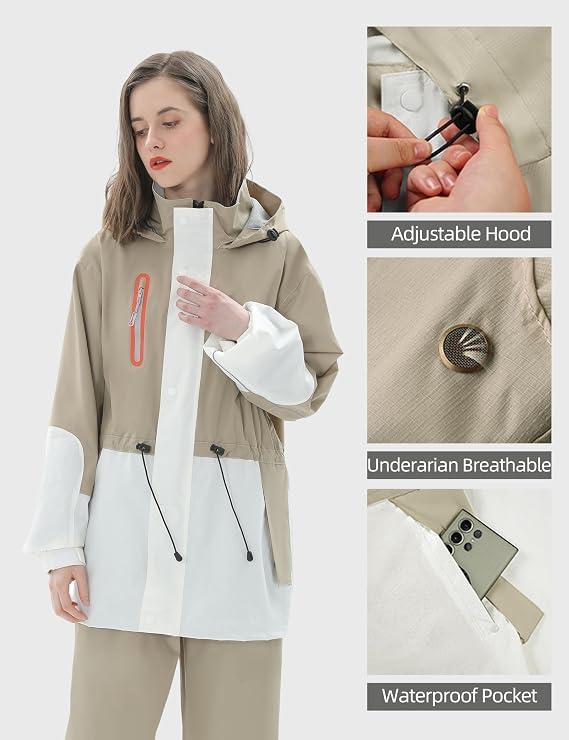 Women's Waterproof Hooded Rain Suit, Lightweight Rain Gear, Two-Piece Jacket & Pants Set, Martinique Beige

 XL