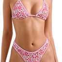 SUUKSESS Women Sexy Thong String 2 Piece Bikini Set Cheeky Halter Swimsuit (9-10, 71 Red Floral White)