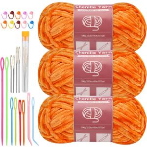 LUNARM Chenille Yarn for Crocheting Knitting, 3 Skein 263 Yard Thick Soft Chunky Fluffy Weaving Plush Yarn for Blankets Clothes Pattern Creations with Big Eye Needles (Orange) (Solid Color)