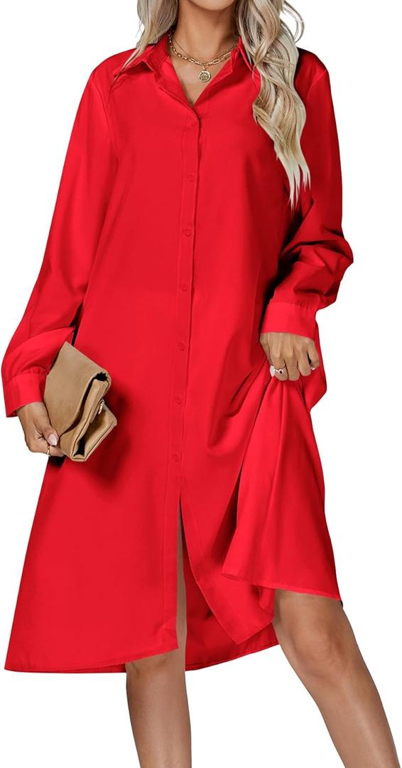 Women's Casual Collar V Neck Button Down Long Sleeve Loose Midi Shirt Dress with Pocket (Red, X-Large)