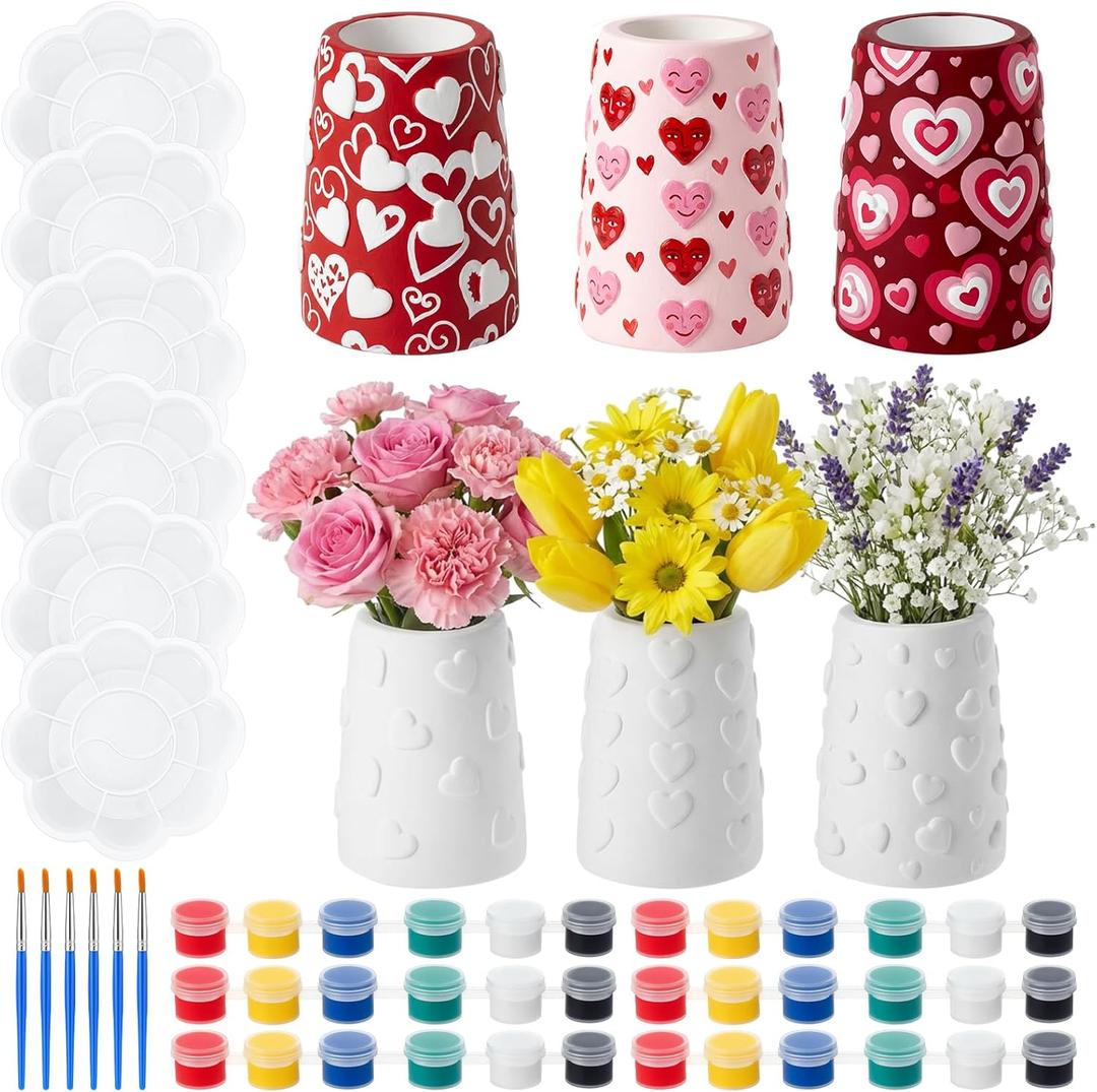 Yungyan 6 Set Valentine's Day Heart Vases Ceramics to Paint Ready to Paint Your Own Ceramic DIY Unpainted Plaster Paintable Kit Three Styles of Valentines Flower Vase with Brush Palette for Adults