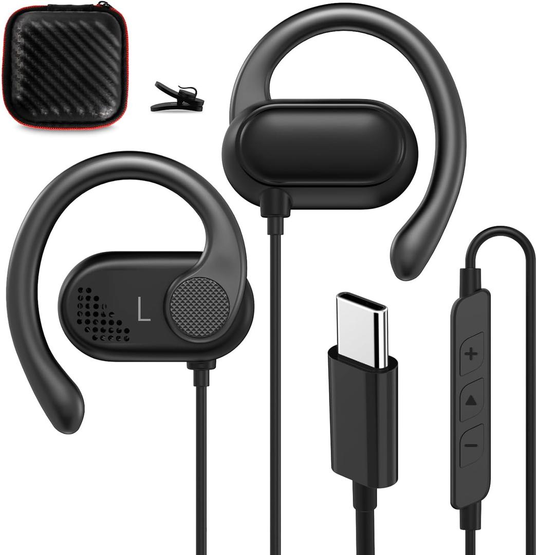 Open Ear Headphones Wired for Samsung S25 S24 Ultra S23 Fe S22+ A35, USB Type C Earphone with Mic Over Ear Wired Earbuds with Ear Hook for iPhone 17 Air 16 15 Pro Max Plus iPad Pixel 10 9 8a 7