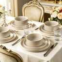 Stoneware Dinnerware Sets, Plates and Bowls Sets for 4, 12-Piece Ribbed Dishes Chip & Scratch Resistant, Microwave and Dishwasher Safe Tableware, Beige