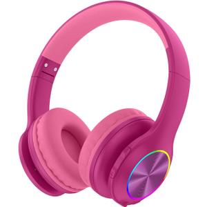 2024 Bluetooth Kids Headphones Fit for Aged 3-21, Colorful LED Lights Comfort Wireless Headphones with Microphone 94dB Volume Limited for School/iPad/PC/TV/Cellphones, Wired & TF Card Mode, Hot Red