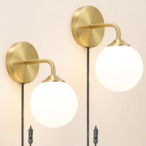 Gold Plug in Wall Sconce Set of 2, Wall Light Fixture with Plug in Cord On/Off Switch, Mid Century Art Deco Wall Lighting Fixture with Milky White Globe Glass Lampshade for Bedroom Living Room Hallway