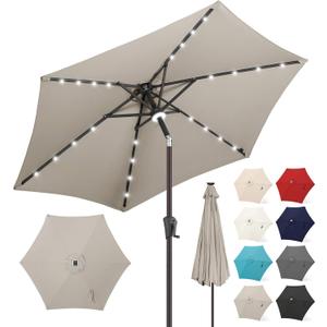 FLAME&SHADE 7.5 FT Solar Light Patio Umbrella, 24 LED Lights Outdoor Umbrella with Centre Surround Light, Table Umbrella Outdoor Patio for Deck, Pool, Backyard, Garden, UV Protection (Taupe)
