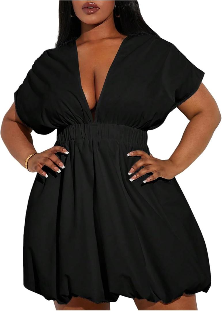DIRARA Women's Plus Size Deep V Neck Bubble Dress Short Sleeve A Line Mini Dresses Black 4X-Large Plus