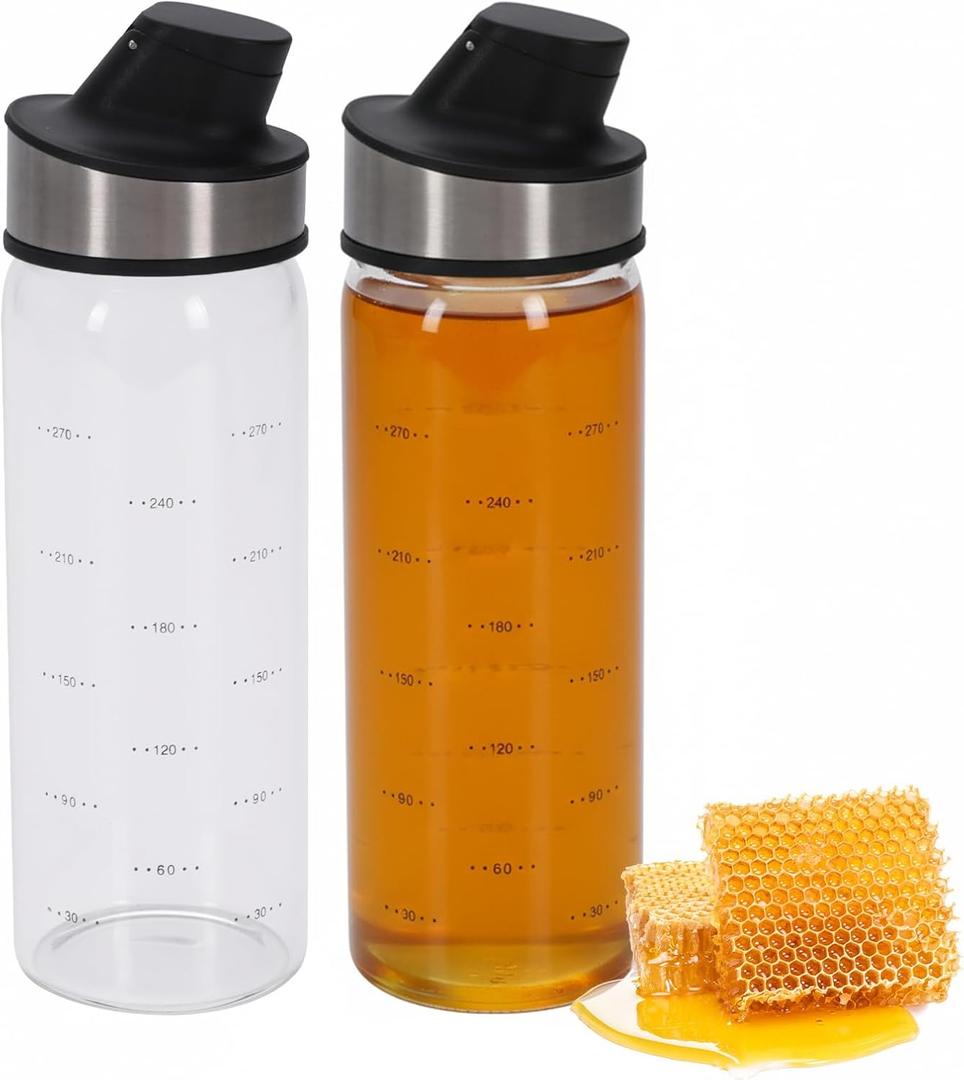 2 Pcs Honey Jar Dispenser, Glass Honey Container No Drip, Coffee Maple Syrup Creamer Salad Dressing Dispenser, Leak-Proof Oil Pot for Home Kitchen Essential Storage Holder 500ml/18oz
