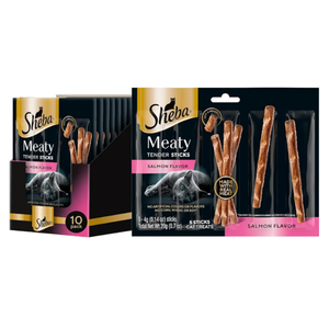 Sheba Meaty Tender Sticks Chicken Cat Treats, Salmon Flavor, Cat Snacks, 0.14 oz., 5 Count, Pack of 10 (50 Sticks Total) BB 07/13/2027