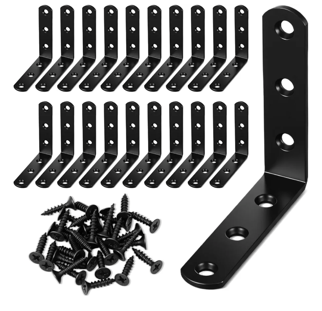 20 PCS Black L Brackets 3.1"x 3.1", Heavy Duty Corner Braces Right Angle Brackets 80 X 80 MM for Wood Chair Bookshelf Cabinets Furniture, Included 120 Screws Set Of 6