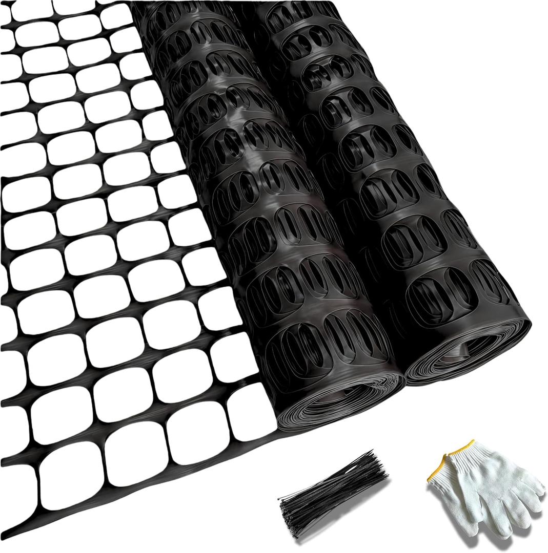 PotatoLife Plastic Mesh Fence Safety Fence, 2 Roll 4'x100' with 100 Zip Ties, Resuable Temporary Netting for Garden Fencing, Construction, Snow Fencing, Animal Barrier, Poultry, Deer, Patio, Black