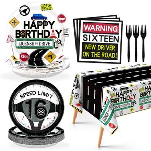 98Pcs Drivers License 16th Birthday Party Decorations for Boys New Driver Car Road 16th Birthday Plates and Napkins Tablecloth Tableware Sets for Learner Driver 16 Years Old Party Favors Serves 24