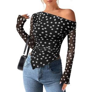 PRETTYGARDEN Womens Fall Trendy Off Shoulder Y2k Tops 2025 Tie Dye Mesh Long Sleeve Shirts Asymmetrical Ruched Floral Blouse (Large, Small Dot Black)